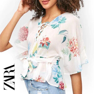 Zara  Basic Ivory Floral Lace Up Peplum Blouse